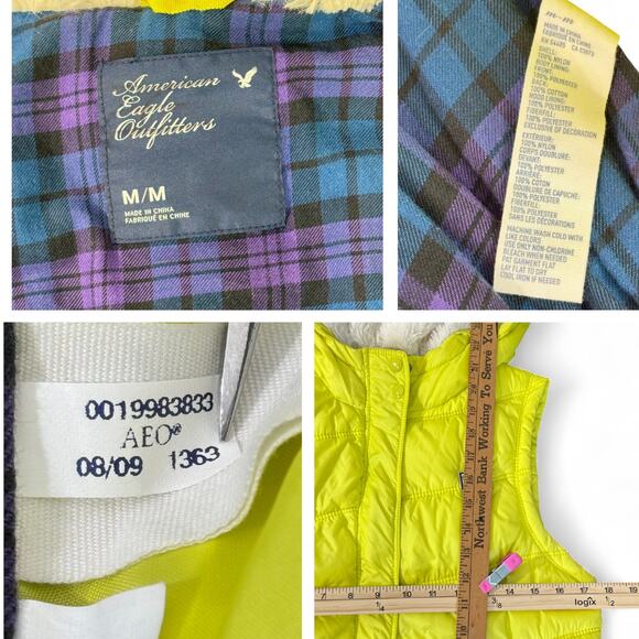 American Eagle Puffer Vest Hooded Sherpa Lined Plaid Y2K Gorpcore Neon Yellow M - Picture 9 of 12